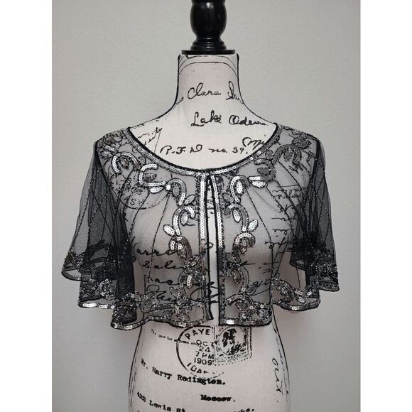 ✨ Sequin Mesh Evening Party Retro Flapper 1920s Shawl Wrap Cover Up Cape NEW - Picture 8 of 13